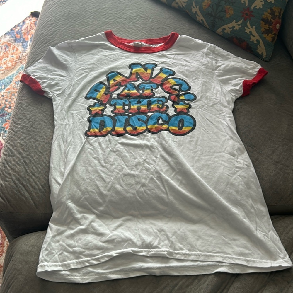 Anvil White Tee with Red Accents and Multicolor Graphic